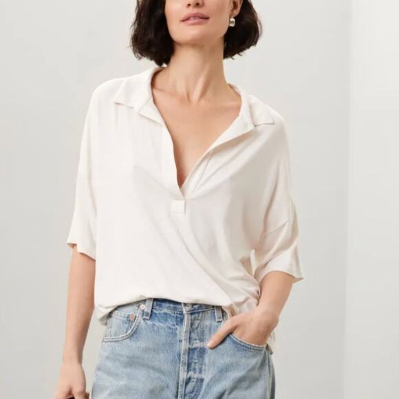 Majestic Filatures Cream Oversized Polo Top LARGE Knit Basic Soft Designer $195 - Picture 2 of 10